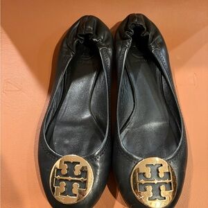 Tory Burch Black Leather Reva Ballet Flats with Gold Emblems
